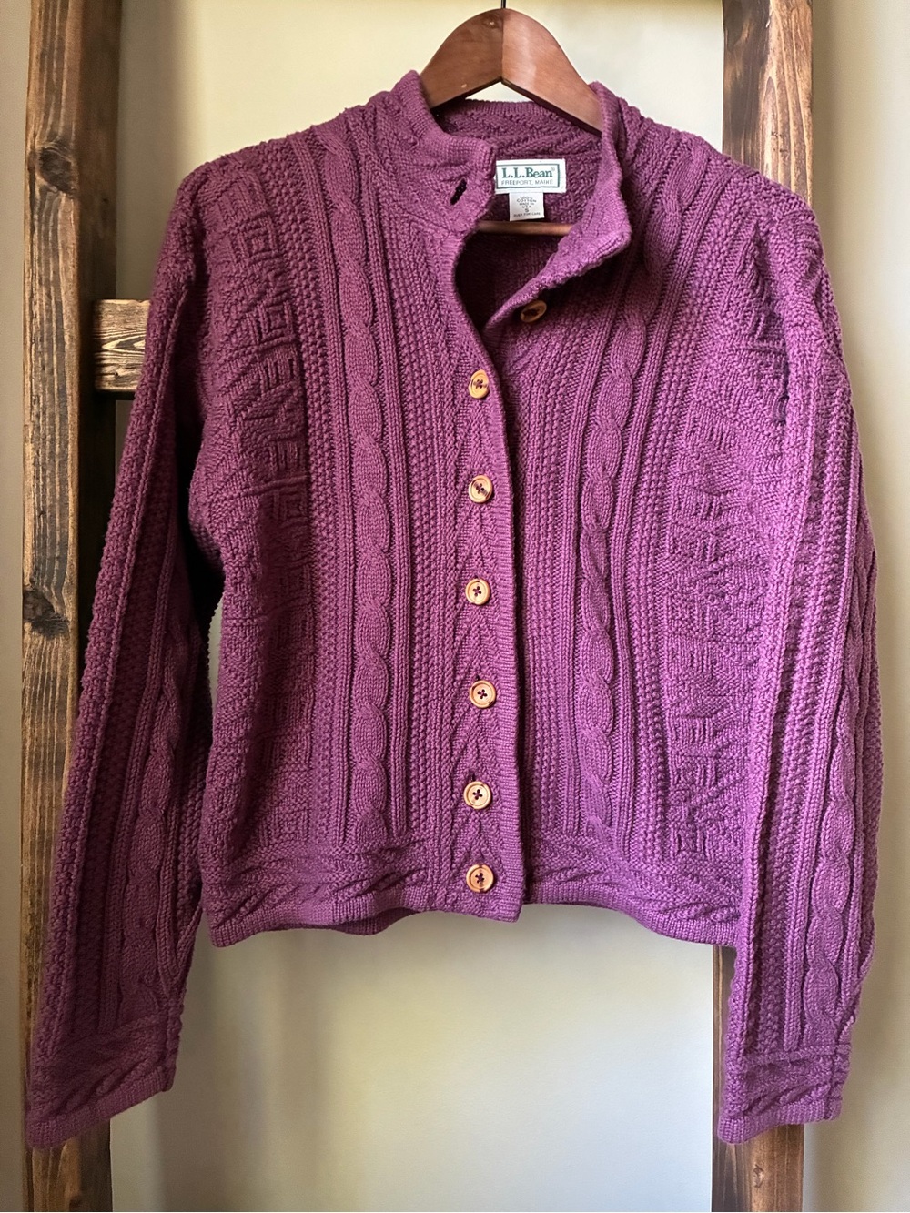 Vintage L.L.Bean 100% Cotton Cable Knit Button Up Cardigan Size S Plum - Picture 2 of 11